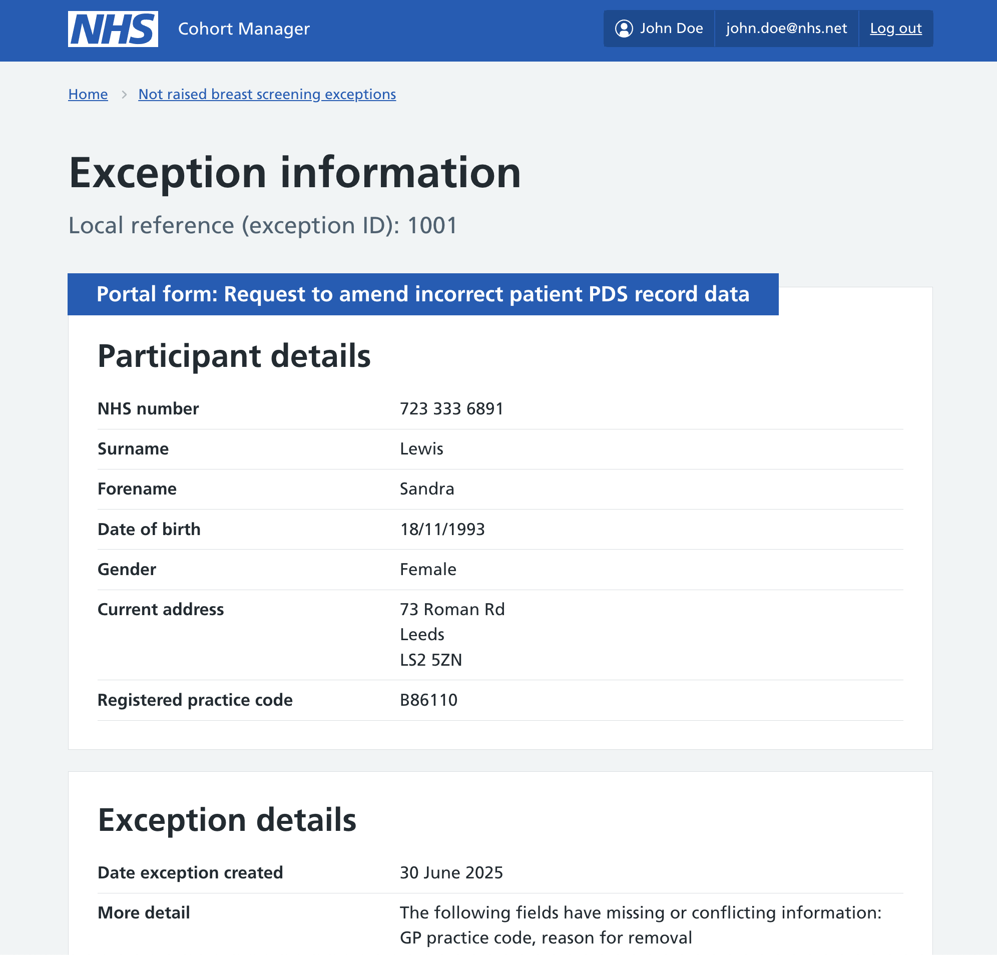 Exception Information Page