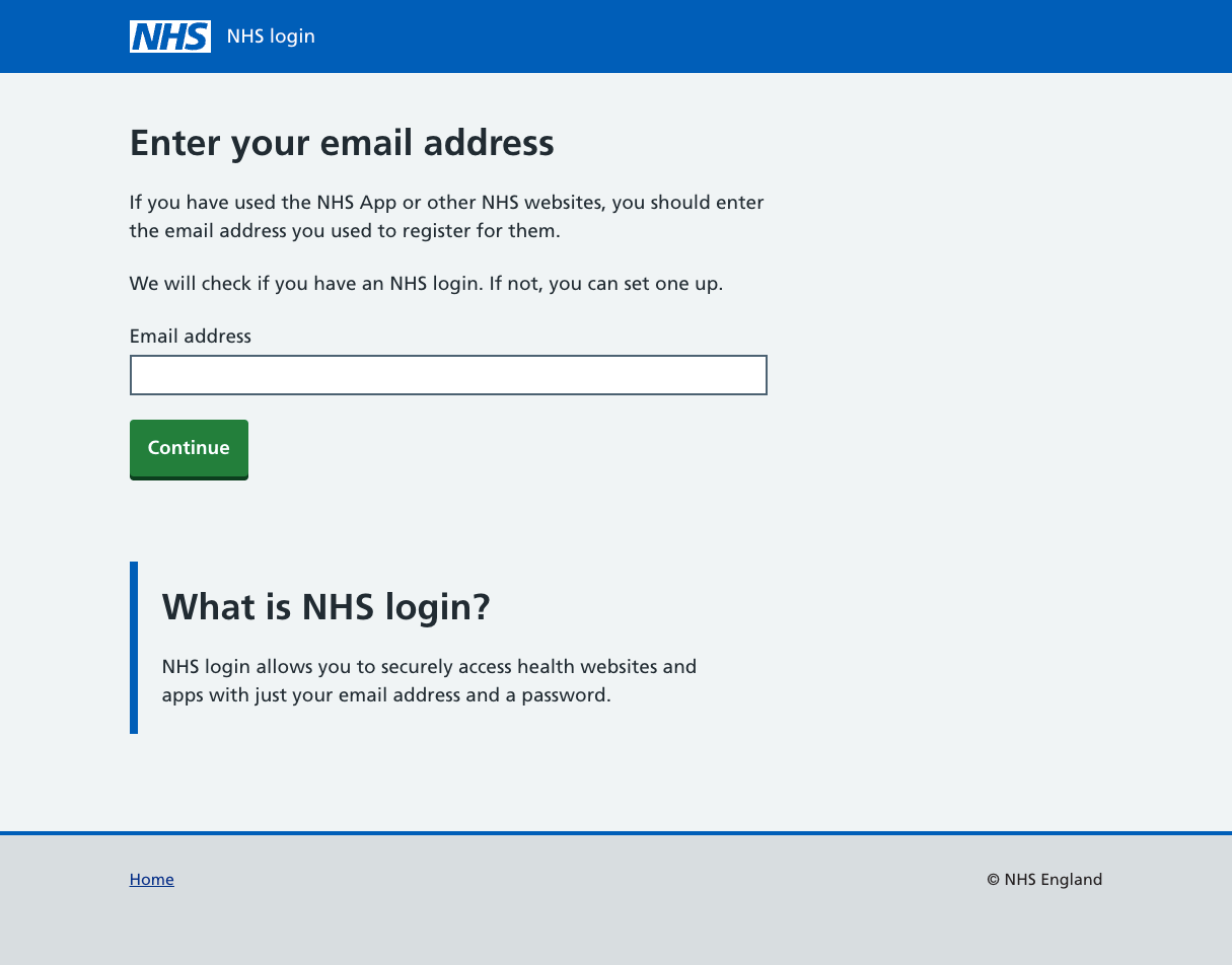 NHS Login Email Page